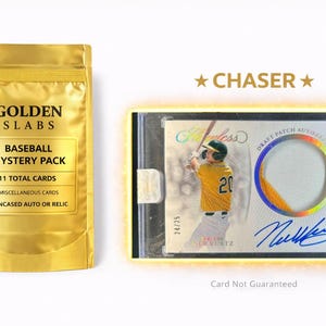May include: A gold foil package labelled "Golden Slabs Baseball Mystery Pack" with 11 cards, including 1 encased auto or relic. A baseball card in a protective case features a player in a yellow jersey.