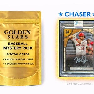 May include: A golden foil pack labeled "GOLDEN SLABS BASEBALL MYSTERY PACK" with text indicating 9 total cards, including 8 miscellaneous cards and 1 encased auto or relic. Next to it is a baseball card in a protective case with a player in a red uniform.