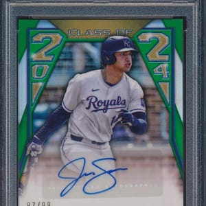 May include: A baseball trading card featuring Jac Caglianone of the Kansas City Royals. The card has a green background with the text "Class of 2024" and the player's signature. The card is graded GEM MT 10.