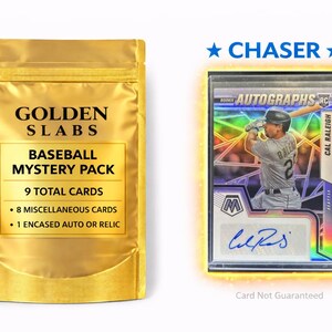 May include: A golden foil baseball mystery pack with the text "Golden Slabs" and "Baseball Mystery Pack." Next to it is a baseball card of Cal Raleigh with an autograph, encased in a clear holder. The card is labeled "Autographs RC."