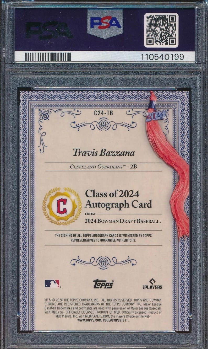 May include: A graded baseball card featuring Travis Bazzana of the Cleveland Guardians. The card is from the 2024 Bowman Draft Baseball series and includes an autograph. The card is encased in a PSA holder with a serial number.