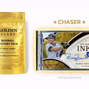 May include: A gold foil baseball mystery pack next to a baseball card. The pack reads "Golden Slabs Baseball Mystery Pack" and includes 11 total cards. The card features Barry Bonds with his signature and the text "Hitters Ink".