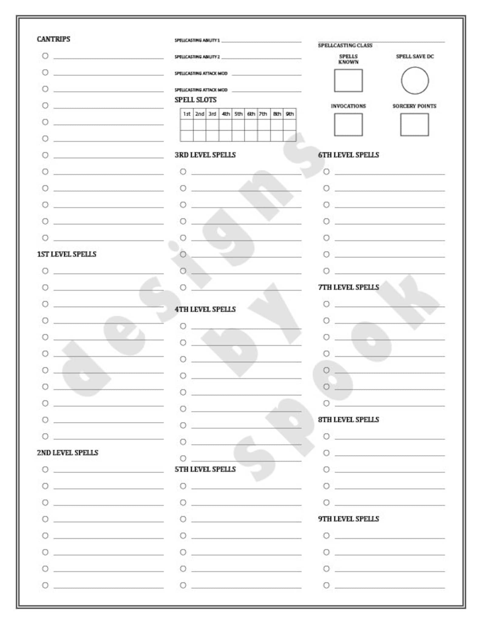 D&D 5th Edition Character Sheet Clean and Organized Etsy