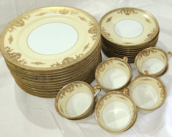 Noritake Goldlea Vintage hand painted gold embossed Dinner Plates and Footed Cups