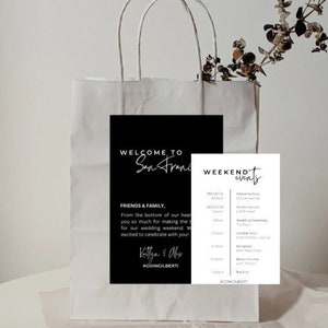 Bruiloft gast hotel welkomsttas brief + bruiloft tijdlijn | Minimalistische, eenvoudige, humeurige bruiloft | Bewerkbare en afdrukbare Canva-sjabloon
