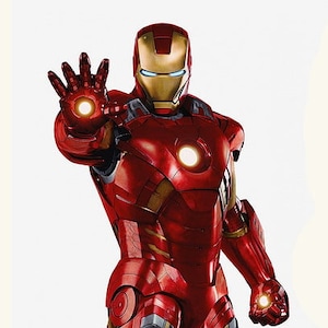 May include: A red and gold Iron Man superhero action figure with a glowing arc reactor in the chest and a glowing repulsor beam in the left hand.