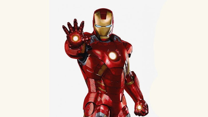 May include: A red and gold Iron Man superhero action figure with a glowing arc reactor in the chest and a glowing repulsor beam in the left hand.