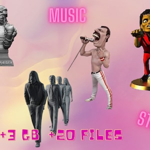 Puede incluir: Una colección de figuritas musicales impresas en 3D, que incluye un busto de Eddie de Iron Maiden, una caricatura de Freddie Mercury y un Michael Jackson estilizado. El texto "MUSIC" y "STL" es visible en la imagen. El texto " + 3 GB + 20 ARCHIVOS" también es visible.
