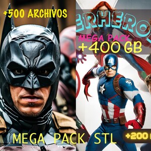 Könnte beinhalten: Eine Collage von Superhelden-Charakteren, darunter Batman, Captain America und andere. Das Bild enthält den Text "SUPERHERO MEGA PACK +400 GB +200 +500 ARCHIVOS MEGA PACK STL".