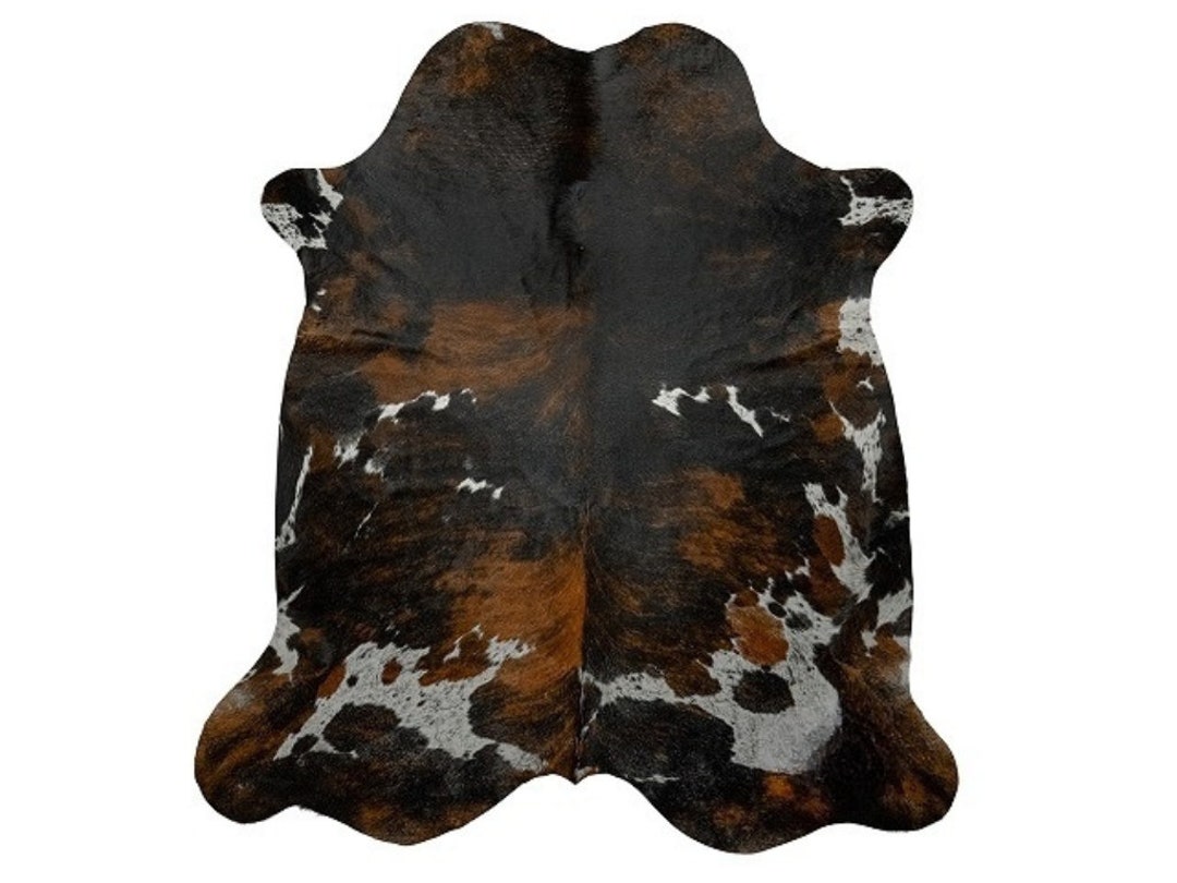 Extra Large Cowhide Rug Tricolor Dark White, Brown and Black 6x7 Large