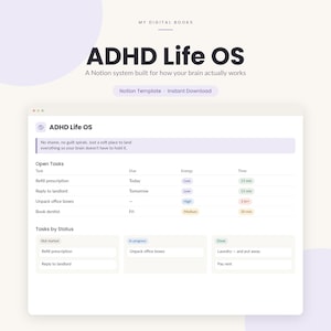 ADHD Notion Template, ADHD Life Planner Dashboard, Brain Dump Task Habit Tracker, Executive Function Organizer, Digital Download