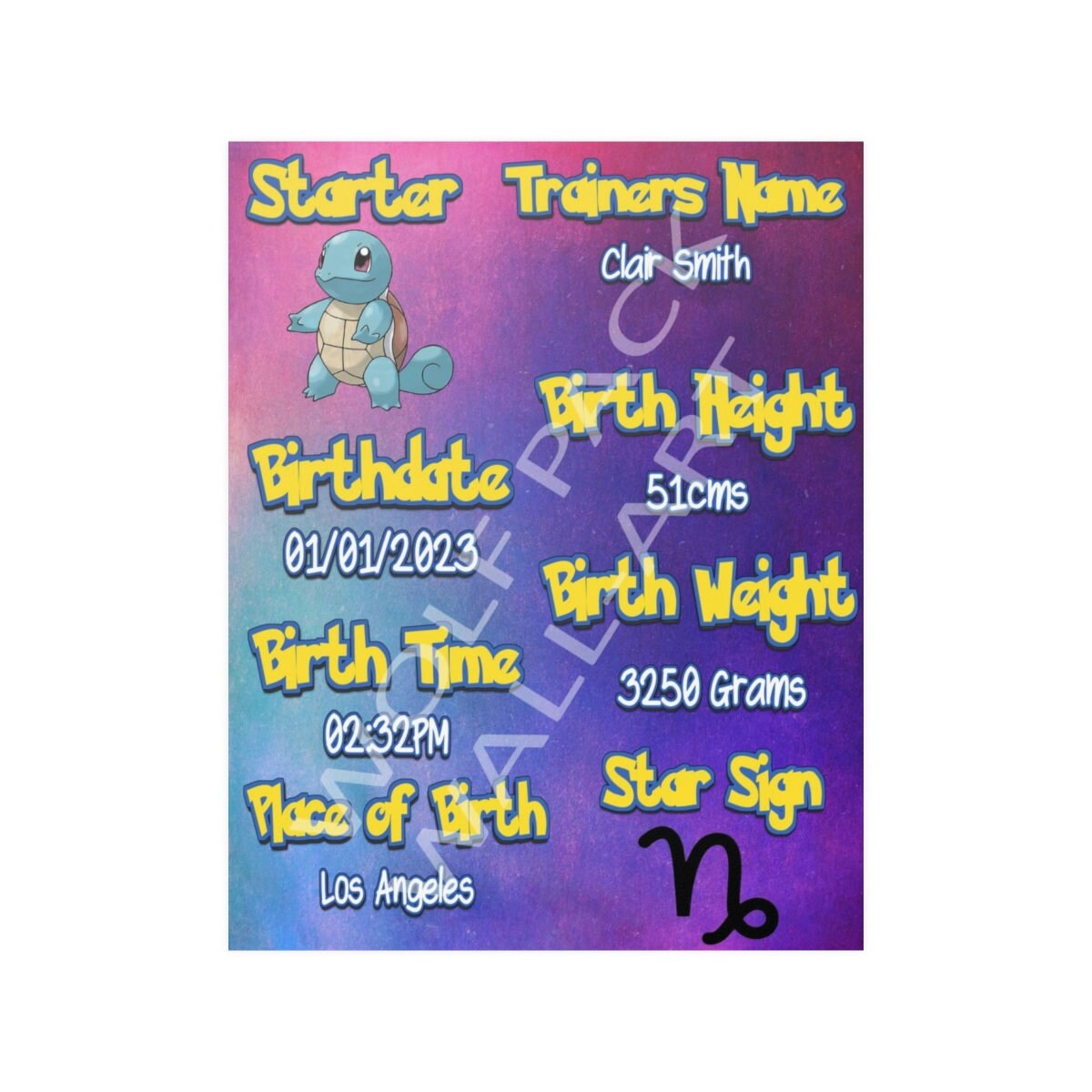 Pokemon Starter Date of Birth Poster Birth Posters Birth Announcement