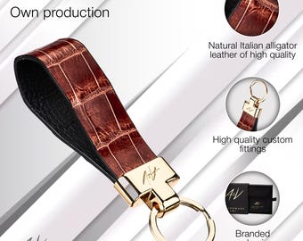 Llavero de piel de caimán hecho a mano: diseño redondeado, caja de regalo