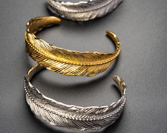 Pulsera de plumas para hombre: brazalete de acero inoxidable plateado