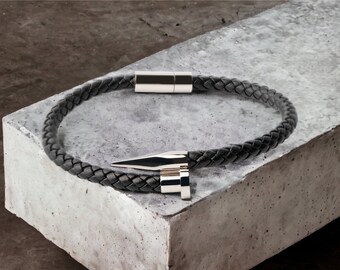 Braided Black Leather Bracelet for Men: Silver Spike Buckle