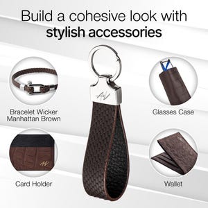 May include: A set of brown leather accessories including a wallet, card holder, glasses case, bracelet, and a key chain with a brown leather strap. The accessories are all made of the same brown leather with a woven pattern.