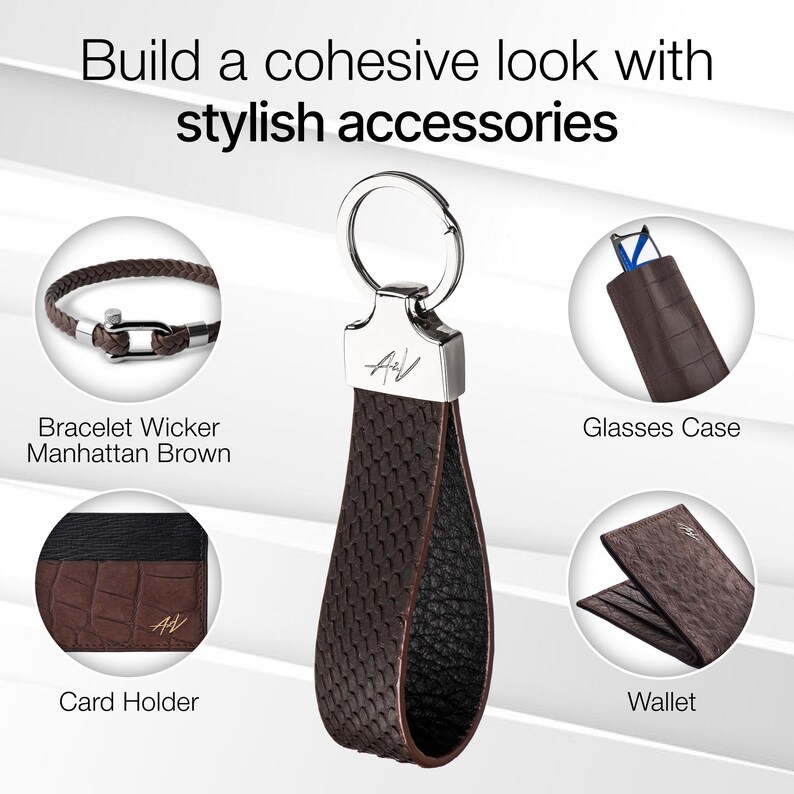 May include: A set of brown leather accessories including a wallet, card holder, glasses case, bracelet, and a key chain with a brown leather strap. The accessories are all made of the same brown leather with a woven pattern.