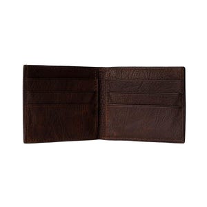 May include: A brown leather wallet with multiple card slots and a billfold. The wallet is open and the interior is visible.