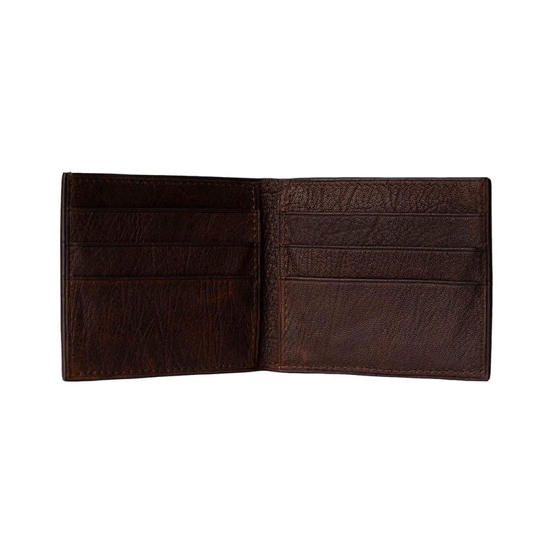 May include: A brown leather wallet with multiple card slots and a billfold. The wallet is open and the interior is visible.