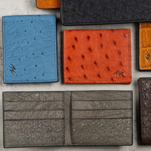 Cartera de cuero de avestruz para hombre hecha a mano, regalo del Día del Padre, cartera de cuero exótico para hombre bifold AVESTRUZ, cartera de uso diario en caja de regalo