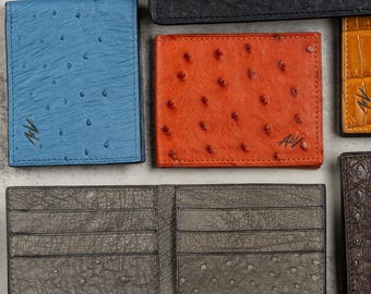 Cartera plegable de piel de avestruz hecha a mano: Cartera exótica para hombre