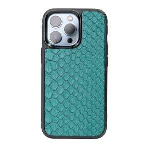 May include: A teal green phone case with a textured snake skin pattern. The case has a black border and a raised camera lens area.