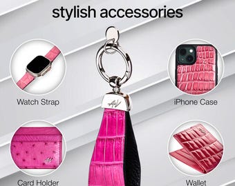 Llavero de piel de caimán rosa hecho a mano, accesorio elegante.