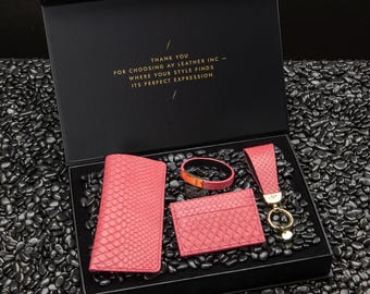 Gift Box with Python Leather Accessories, Handmade PYTHON leather Accessories Set in GIFT BOX, Bracelet, Glasses case, Keychain & Cardholder