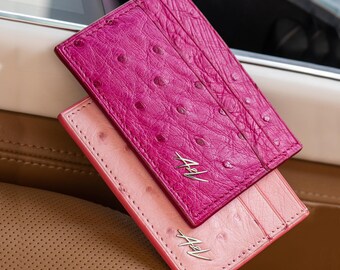 Handmade Ostrich Leather Card Holder: Minimalist Full Grain Wallet