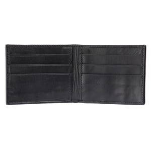 May include: A black leather wallet with multiple card slots and a billfold. The wallet is open and the interior is visible.