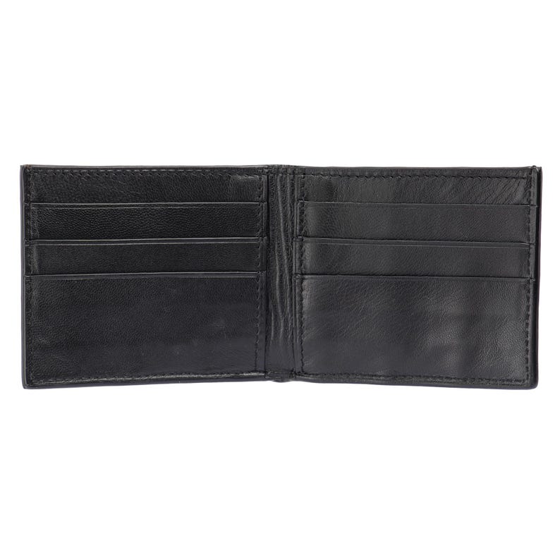 May include: A black leather wallet with multiple card slots and a billfold. The wallet is open and the interior is visible.