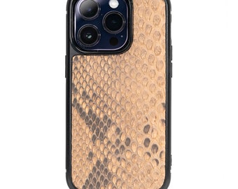 Capa de couro Python feita à mão para iPhone 14 Pro: pele exótica, caixa de presente