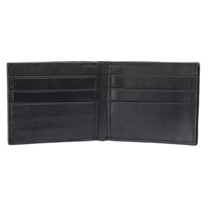 May include: A black leather wallet with multiple card slots and a billfold. The wallet is open and the interior is visible.