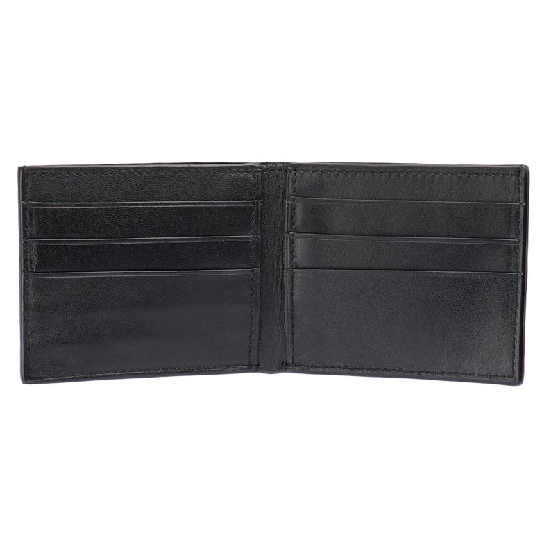 May include: A black leather wallet with multiple card slots and a billfold. The wallet is open and the interior is visible.