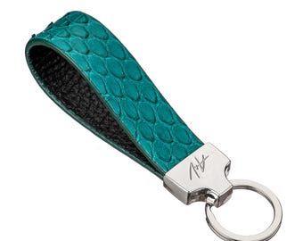 Teal Python Leather Keychain: Handcrafted Fob