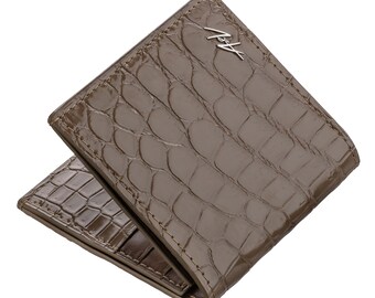 Lacquer Coffee Brown Genuine Alligator Leather Slim Wallet, Minimalist Card Holder