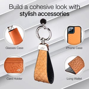 May include: Image showcases a range of stylish accessories. A key fob with a tan and black leather strap is central. Other items include a glasses case, iPhone case, card holder, and long wallet, all in matching tan leather.