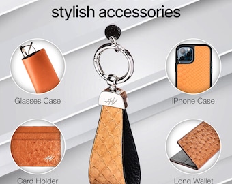 Handmade Python Leather Keychain: Steel Ring Key Fob