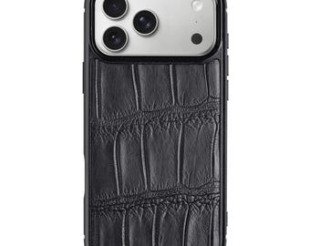 Matte Black Alligator Leather Case for iPhone 17 Pro Max | Classic Phone Cover