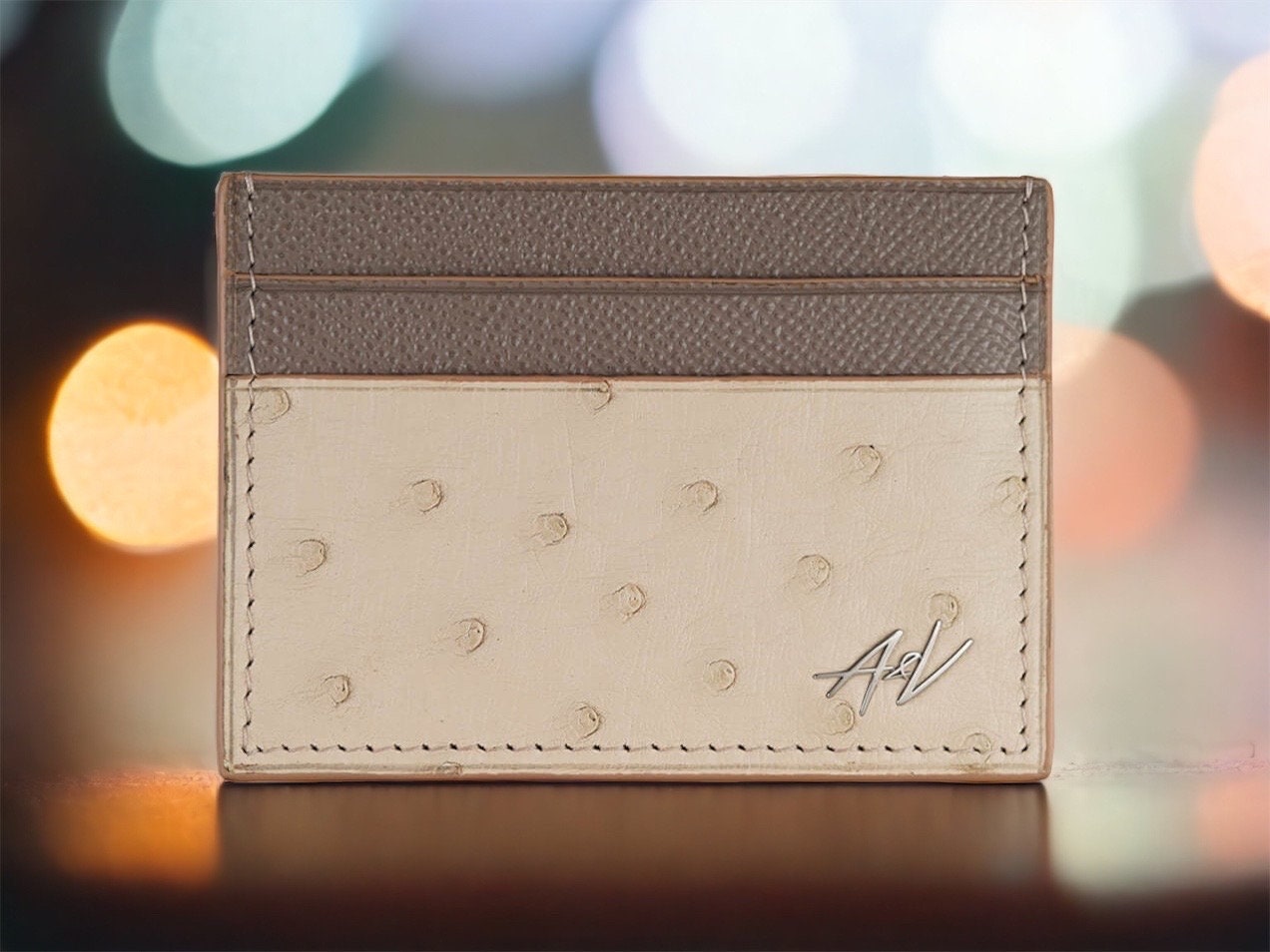 Card Holder Beige Ostrich Leather Credit Cardholder, Genuine Double Sided Ostrich Leather Card Wallet, Unisex Ostrich Secluded Beach Mix