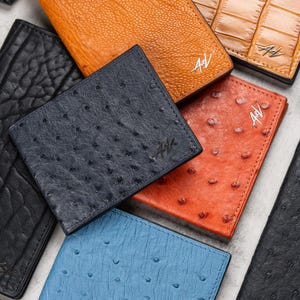 Cartera de cuero de avestruz de lujo hecha a mano, cartera unisex minimalista, cartera compacta, cartera de regalo para hombre Cartera de cuero exótico en caja de regalo