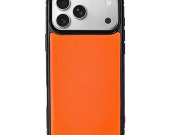 Electric Orange Goatskin Leather Case for iPhone 17 Pro Max | Classic Phone Cover