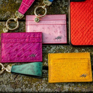 Porta-cartões feito à mão, couro de avestruz genuíno de luxo, masculino, feminino, unissex, carteira fina com porta-cartões de crédito em caixa de presente