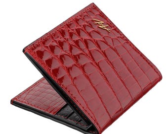 Lacquer Red Genuine Alligator Leather Slim Wallet, Minimalist Card Holder