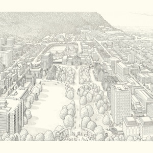 May include: A black and white pencil drawing of a city skyline with a large park in the center. The drawing is done in a realistic style and shows the details of the buildings and trees.