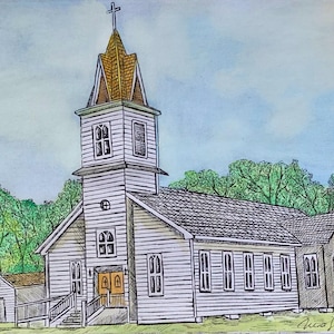 May include: Watercolor and ink illustration of a white church with a steeple topped with a cross. The church has a brown roof and gold-colored doors. Green trees and a blue sky form the background.