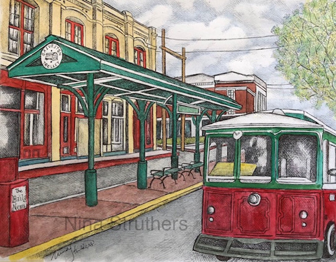 Trolley at Trolley Stop Illustration Galveston Island - Etsy