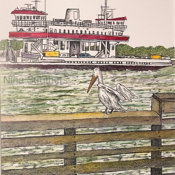 Ferry de Galveston avec Pelican - Illustration de Nina Struthers