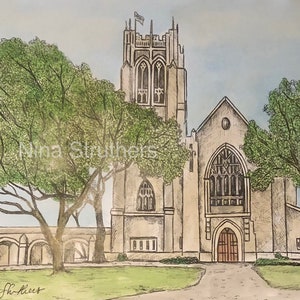 May include: A hand-drawn illustration of a church building with a tall steeple and a large arched window. The church is surrounded by green trees and a grassy lawn. The text "Nina Struthers" is visible in the image.