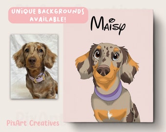 Może przedstawiać: Kreskówkowa ilustracja psa rasy dachshund z brązowymi, białymi i czarnymi plamami. Pies ma fioletowy kołnierz i patrzy w górę z radosnym wyrazem twarzy. Imię psa, "Maisy", jest napisane kursywą nad psem. Tło jest jasnoróżowe.